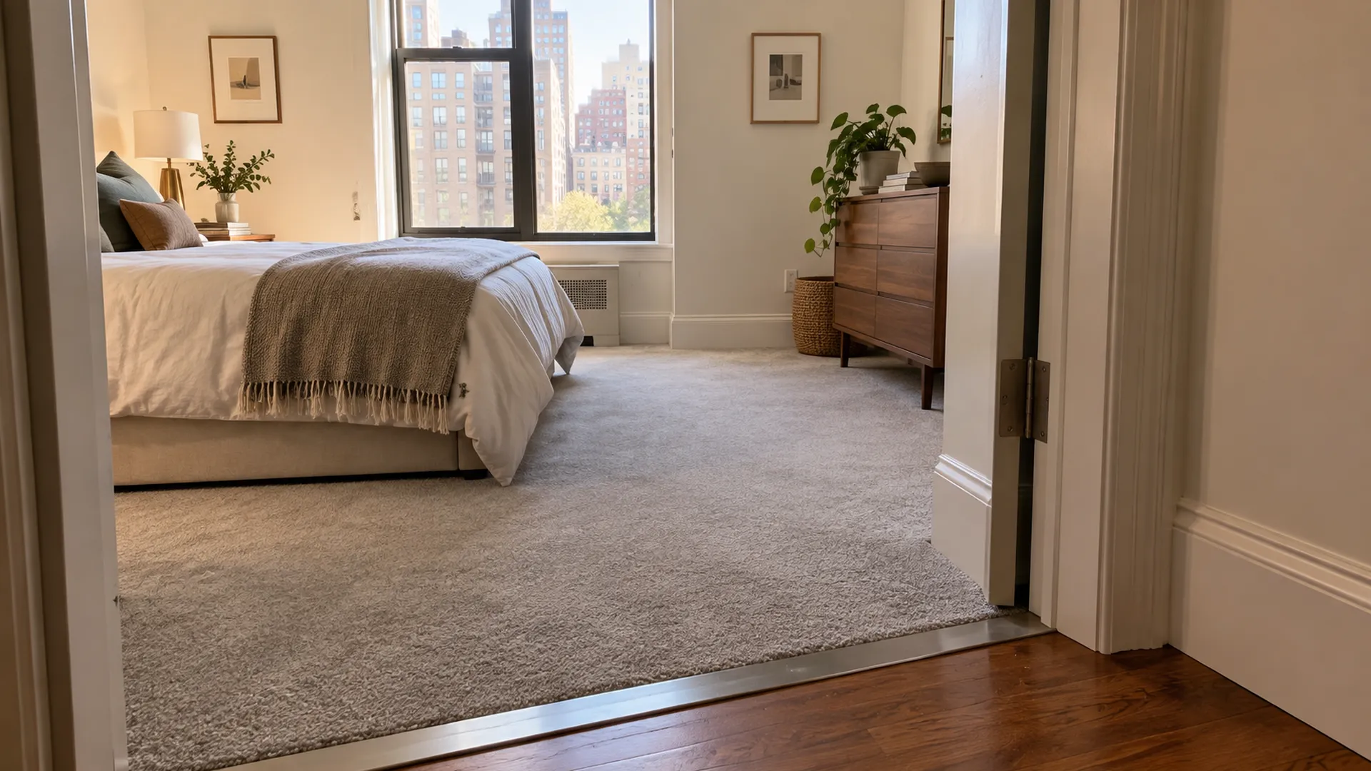 A Manhattan co-op bedroom with new wall-to-wall carpet