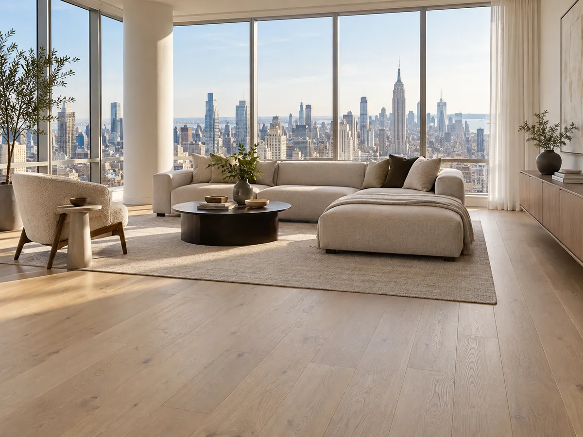 A Manhattan condo living room on a high floor