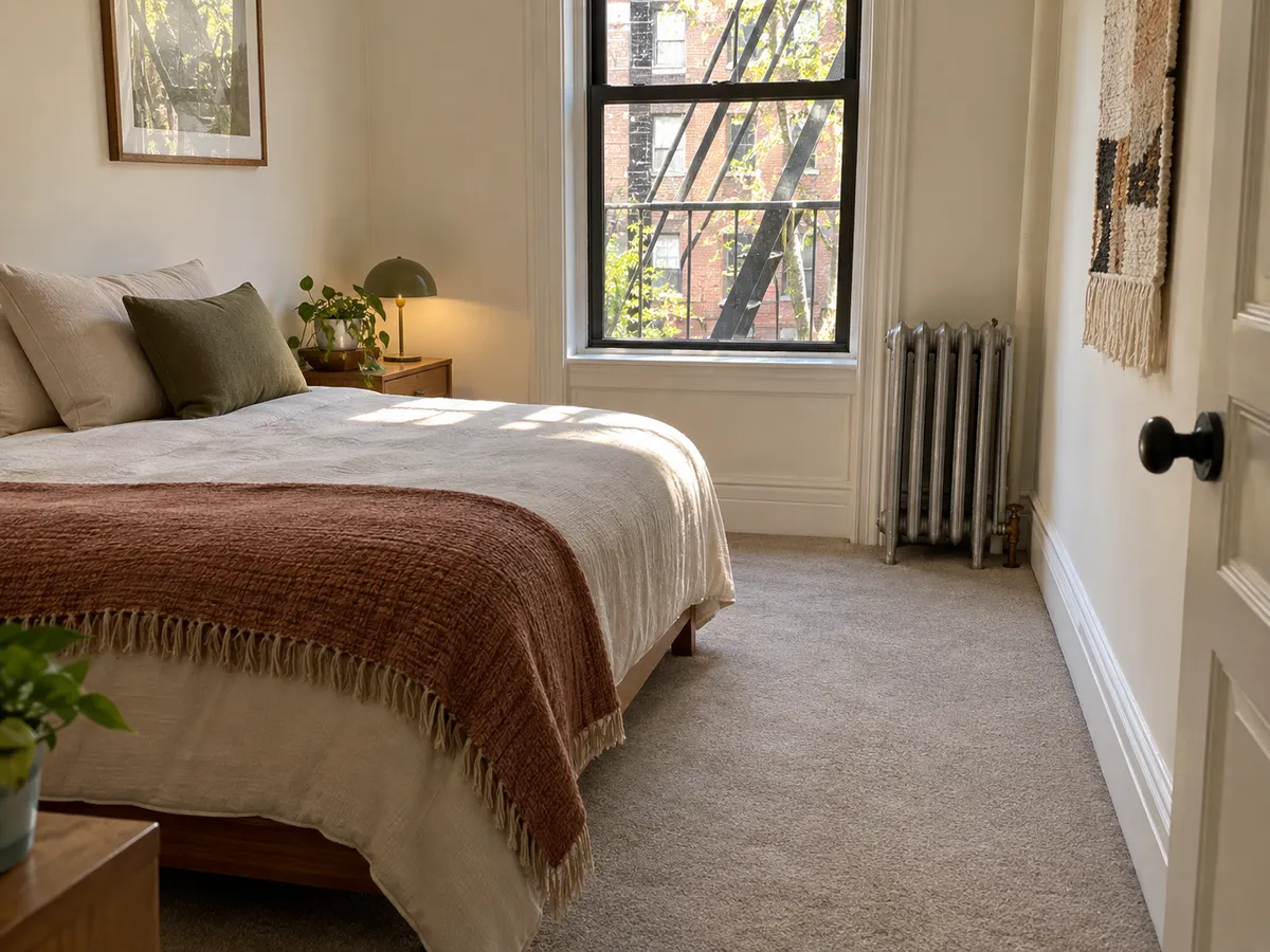 The narrow bedroom of a Manhattan walk-up apartment
