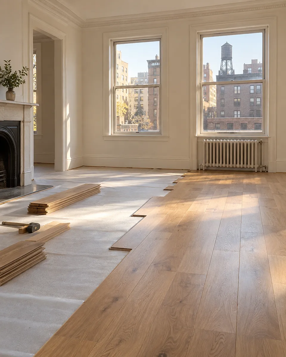 A prewar Manhattan apartment part way through a new plank floor