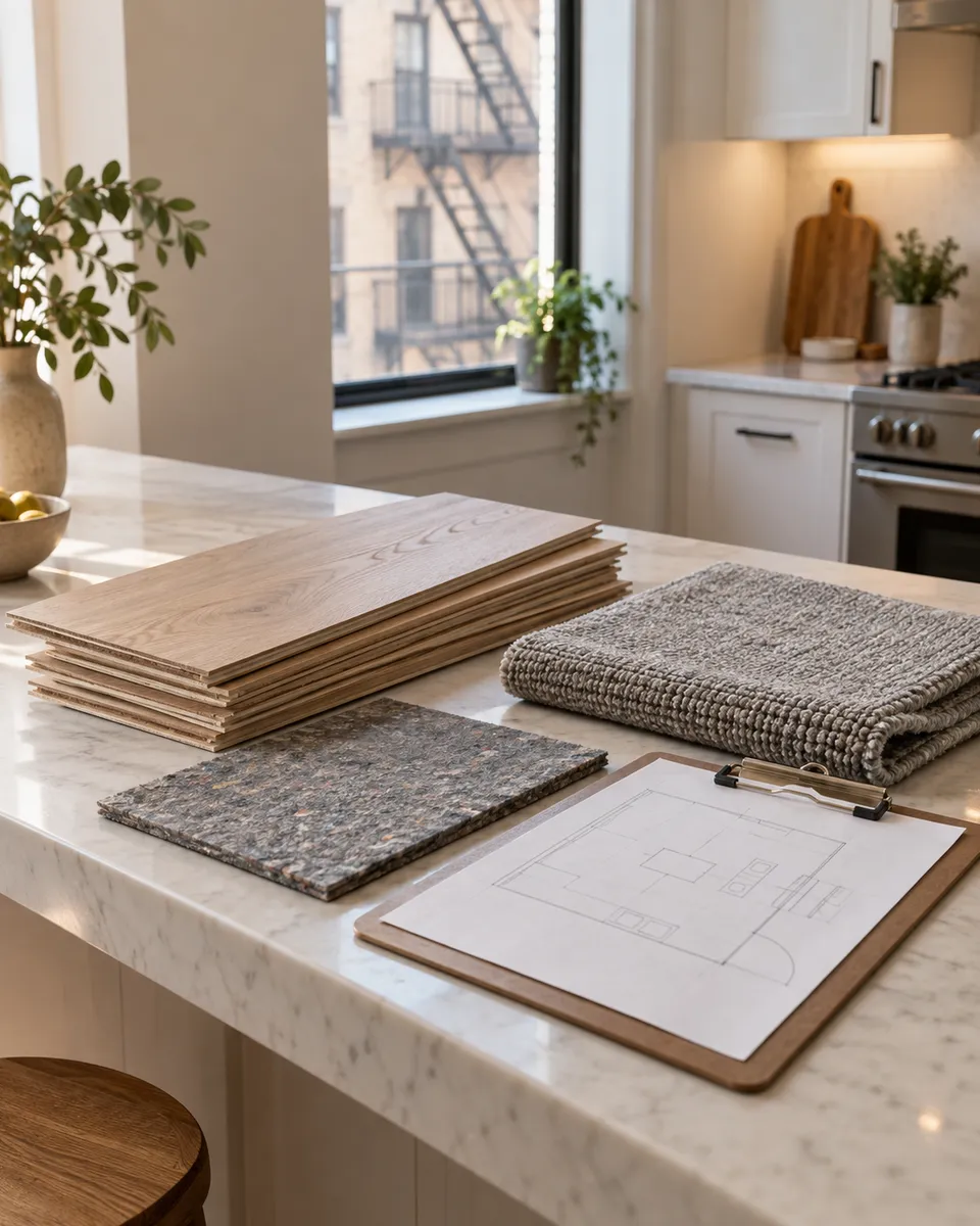 Flooring samples and an underlayment sheet on a Manhattan kitchen island